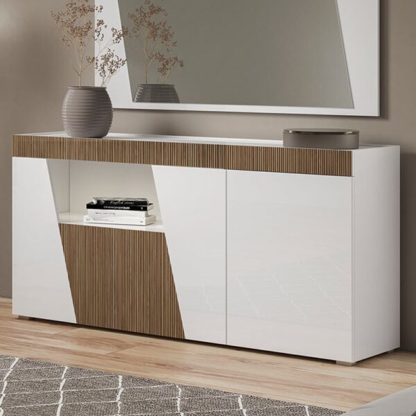 Enna High Gloss Sideboard In White With 3 Doors And LED