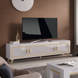 Geneva High Gloss TV Stand 4 Doors In White And Gold With LED