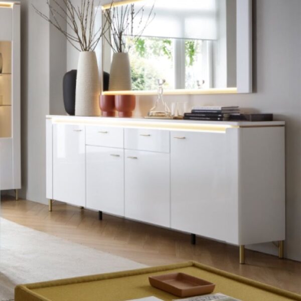 Laughlin LED High Gloss Sideboard With 4 Doors 2 Drawers In White